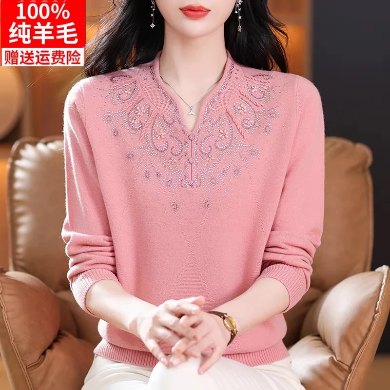 羊毛衫女100纯羊毛中老年旗袍领毛衣妈妈秋冬装加大码绣花打底衫