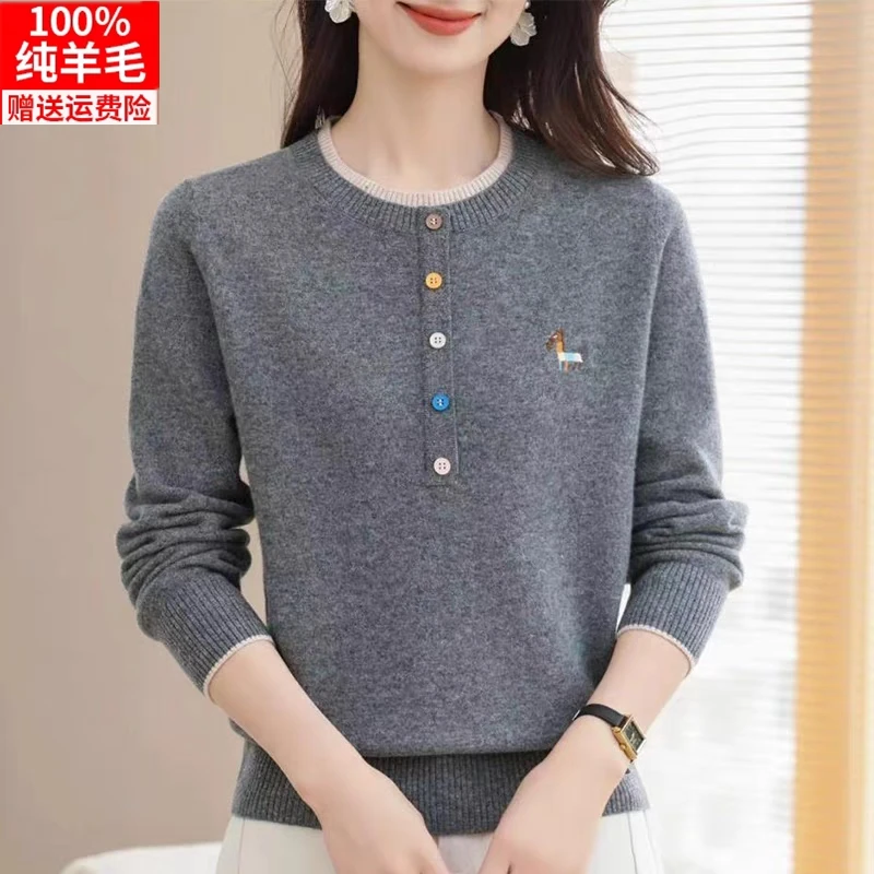 100%绵羊毛时尚保暖毛衣女洋气妈妈装圆领毛针织衫打底羊毛衫女