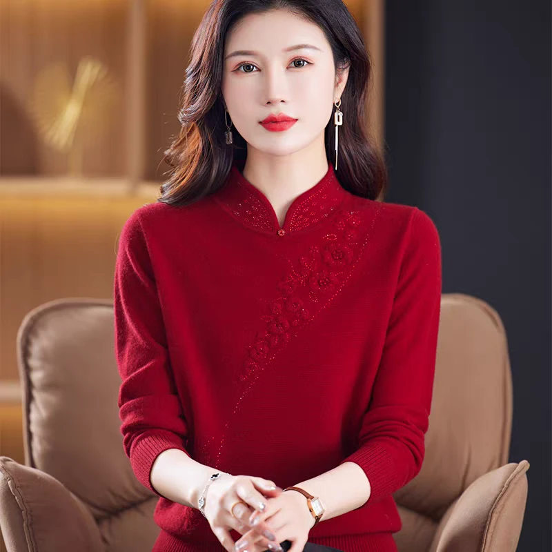 中年妈妈100%纯羊毛衫旗袍领婚宴装中老年秋冬红色毛衣本命年女装