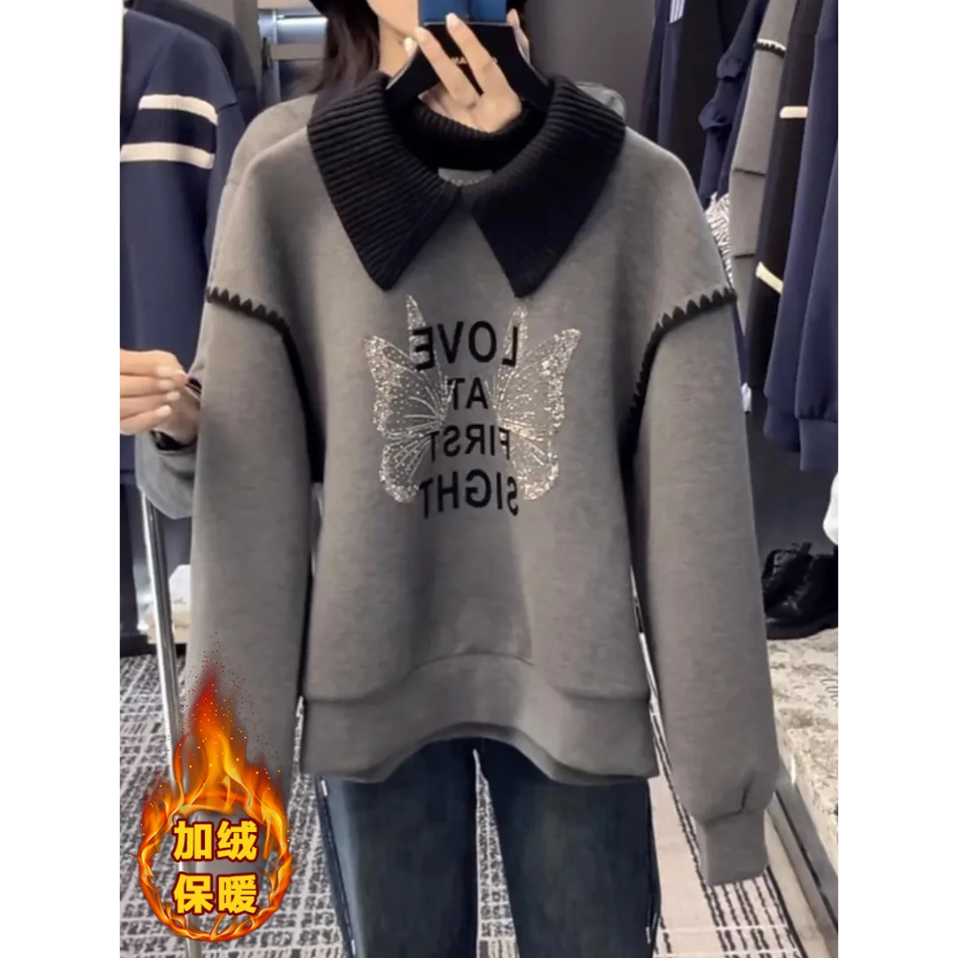 设计感时尚减龄针织拼接假两件卫衣冬季新款蝴蝶烫钻加绒保暖上衣