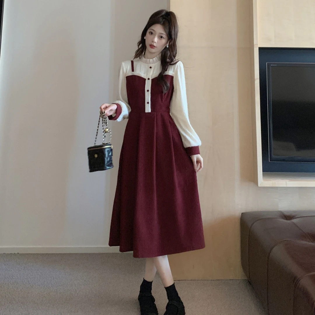 秋冬新款女装法式名媛气质蕾丝拼接假两件收腰显瘦大码连衣裙