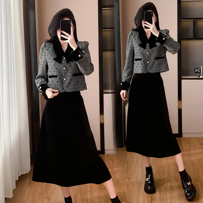 法式蝴蝶结小香风套装女秋季高级感短外套丝绒半身长裙两件套028