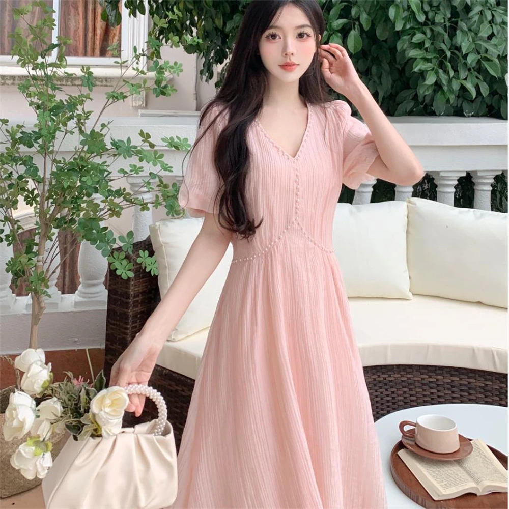 实拍现货夏季高级感收腰显瘦v领泡泡袖长裙法式淑女连衣裙女3030