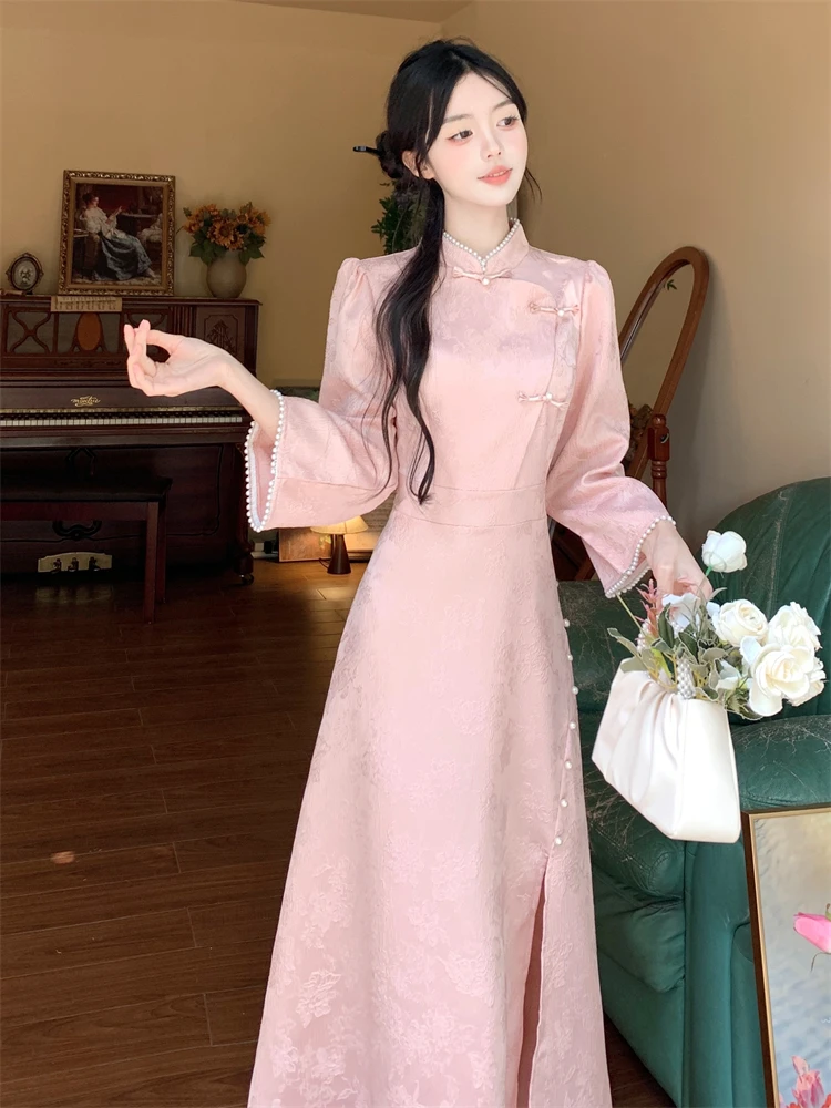 8315  秋冬大码女装新中式轻国风长袖改良旗袍连衣裙