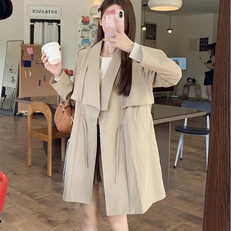设计感大码抽绳休闲风衣外套女中长款百搭秋季外套女春秋显瘦气质