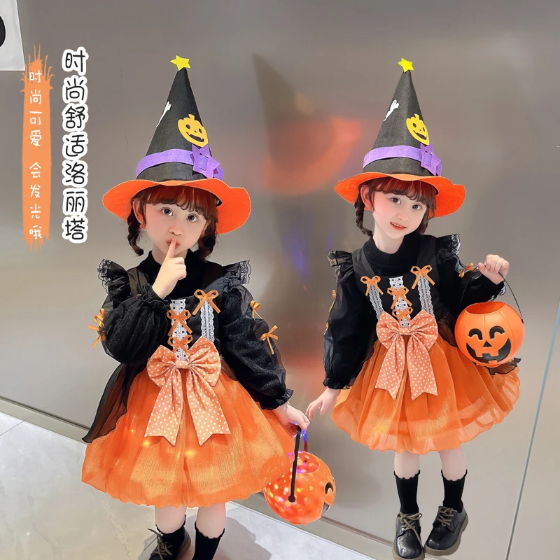 女童万圣节服装儿童cosplay演出礼服连衣裙中小童发光公主灯笼裙