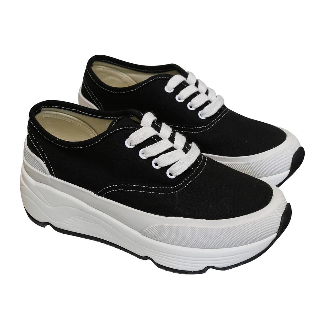 系带厚底增高帆布鞋简约百搭小白鞋复古学生鞋休闲女款舒适系带