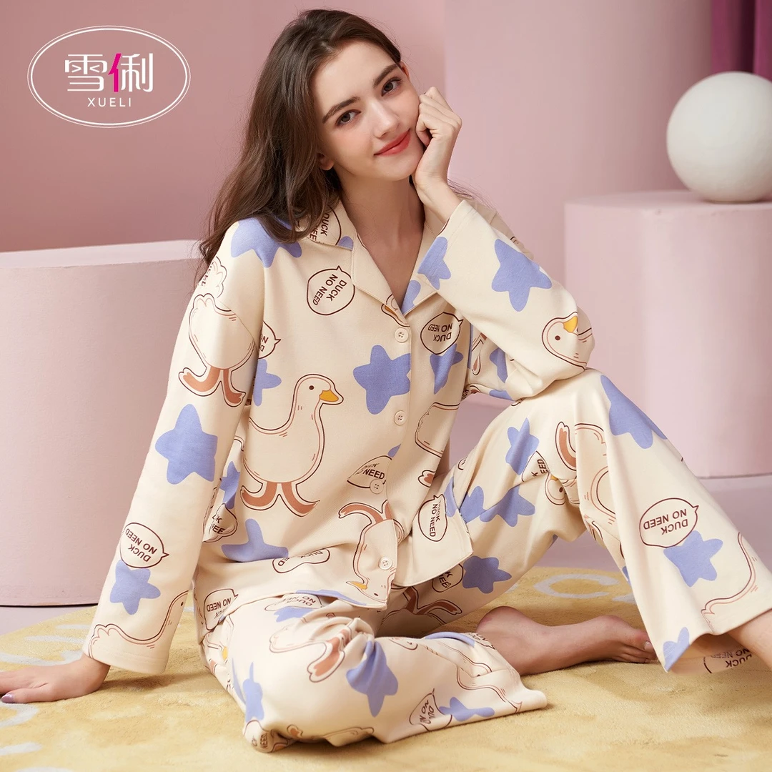 雪俐【要开心鸭】纯棉睡衣女长袖春秋家居服可爱居家服网红风6489