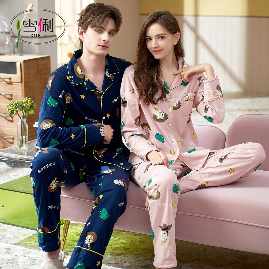 雪俐新品情侣睡衣春秋款纯棉长袖男女家居服卡通网红风6422-7422