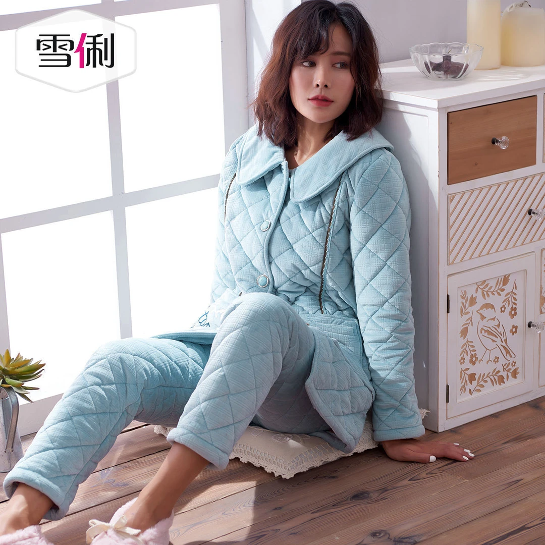 雪俐睡衣女士三层夹棉棉袄简约珊瑚绒可外穿家居服套装8846