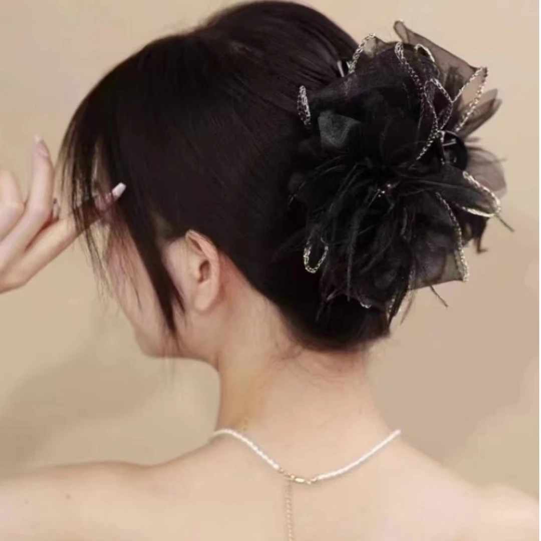 合金发饰 双面花朵羽毛蝴蝶结抓夹公主头发夹女后脑勺黑色大号092
