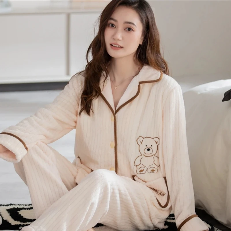 睡衣女士冬季珊瑚绒加厚加绒保暖女款秋冬法兰绒冬款可外穿家居服
