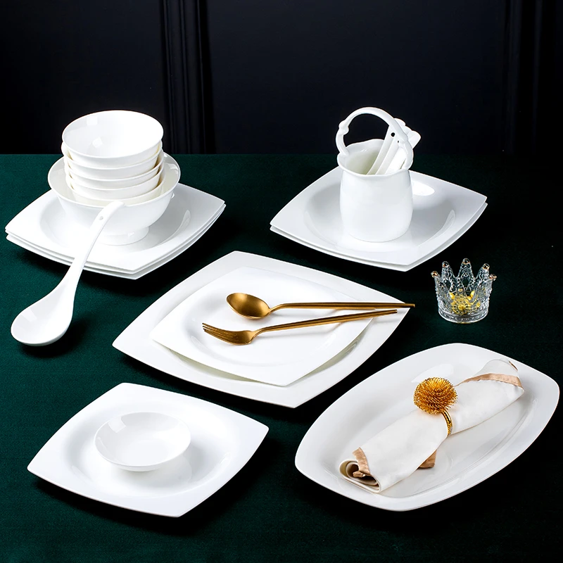 骨瓷餐具 景德镇纯白釉下彩家用套装方形陶瓷白色碗盘子白瓷组合