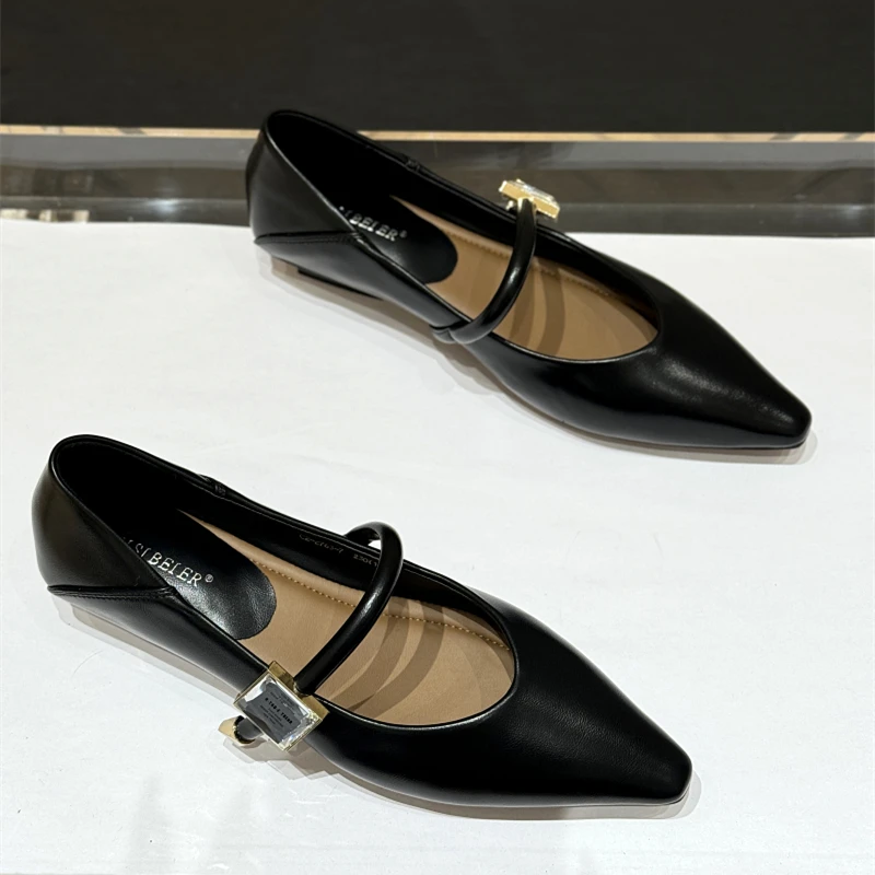 法式洋气低跟一字带浅口单鞋女2024新款秋季百搭气质尖头平底鞋