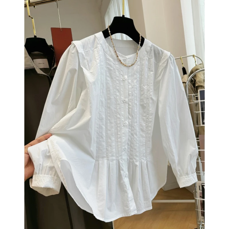 高级感韩系圆领褶皱棉布长袖衬衫早秋女装薄法式气质小衫时尚上衣