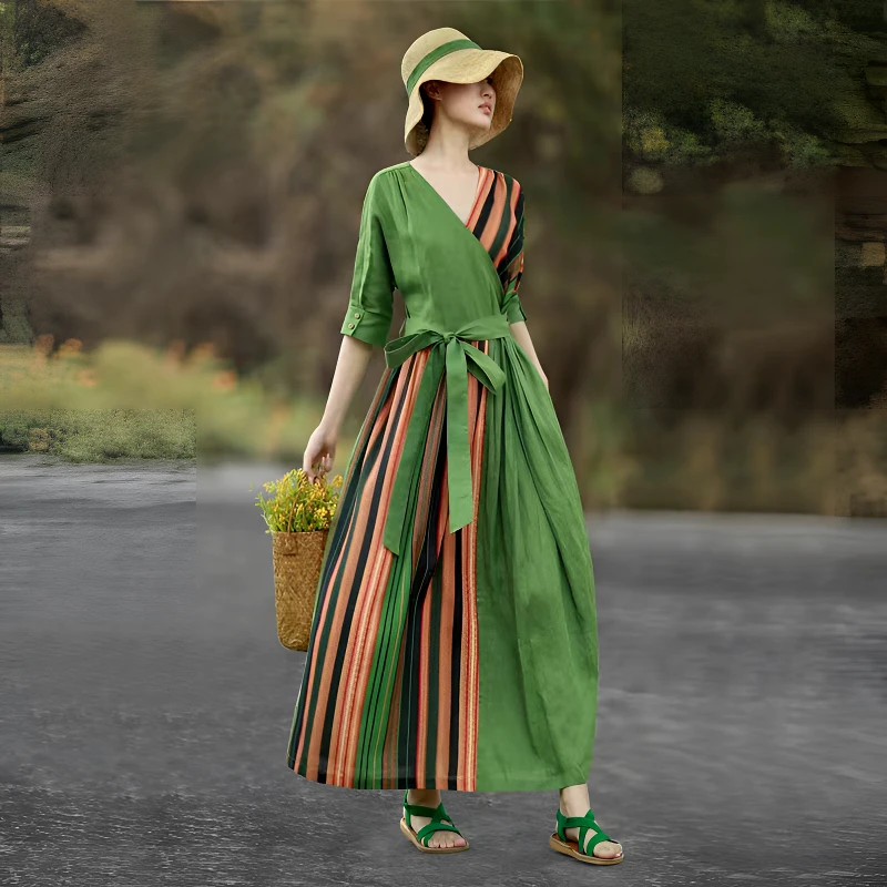 撞色条纹棉麻连衣裙女2025春夏新款气质复古宽松收腰显瘦古风长裙