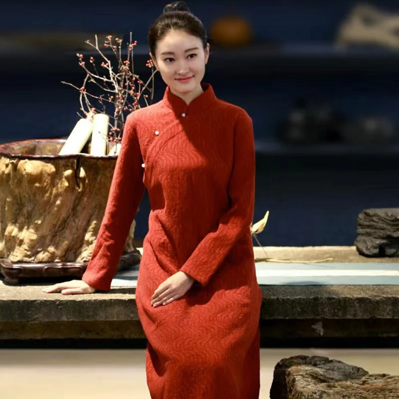 新中式亚麻提花改良旗袍裙女2025年春秋新款复古文艺显瘦气质长裙