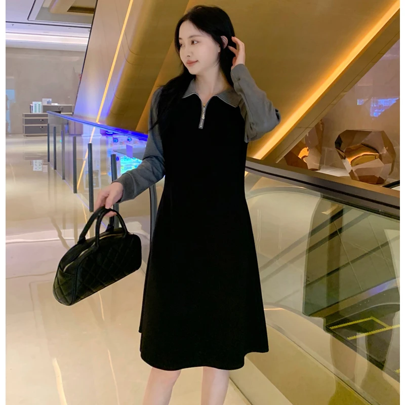 2025春秋新款休闲拉链设计收腰拼接假两件连衣裙#8897