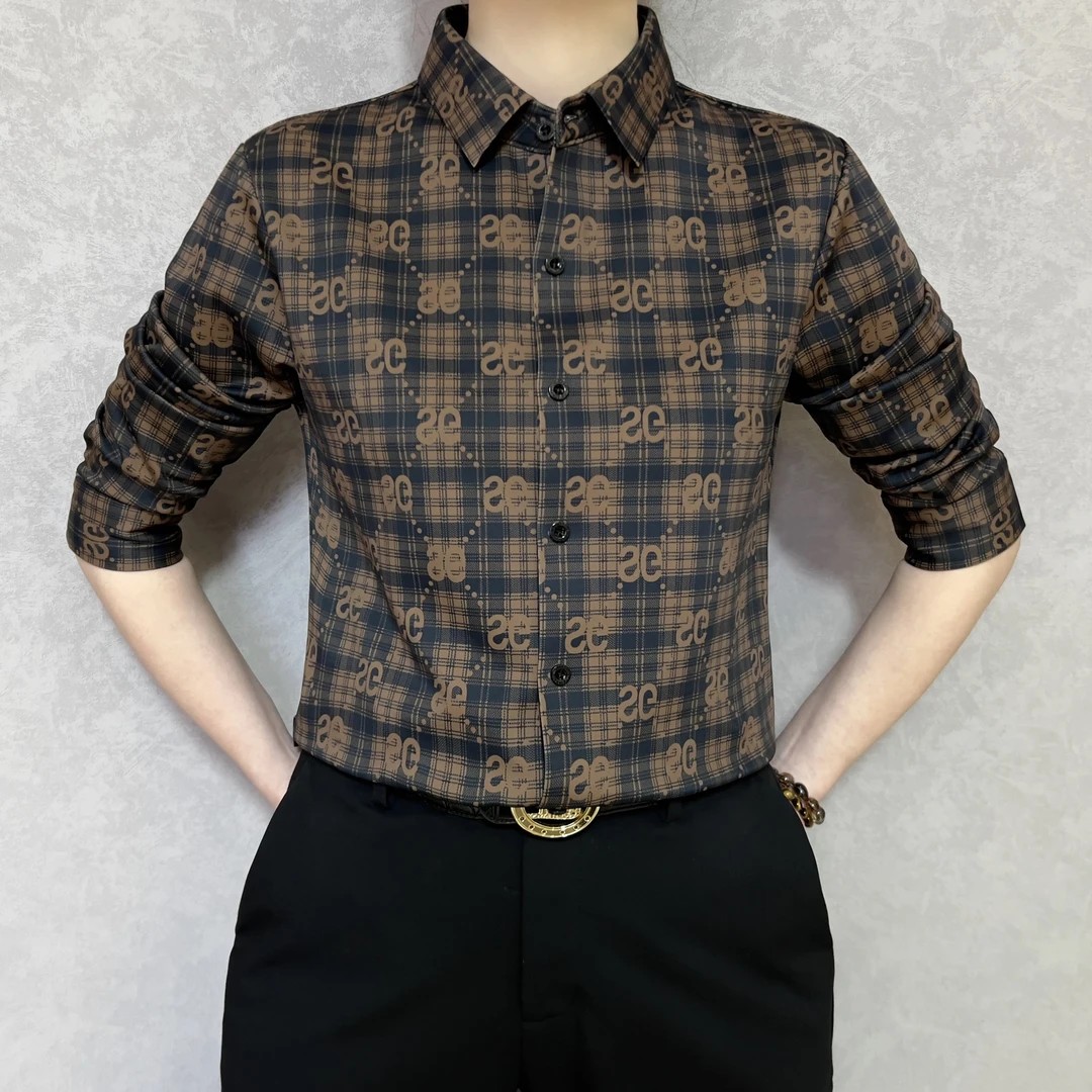 KALVLI男装2024冬季新款加绒加厚字母潮流男士全扣格子衬衫KK6389