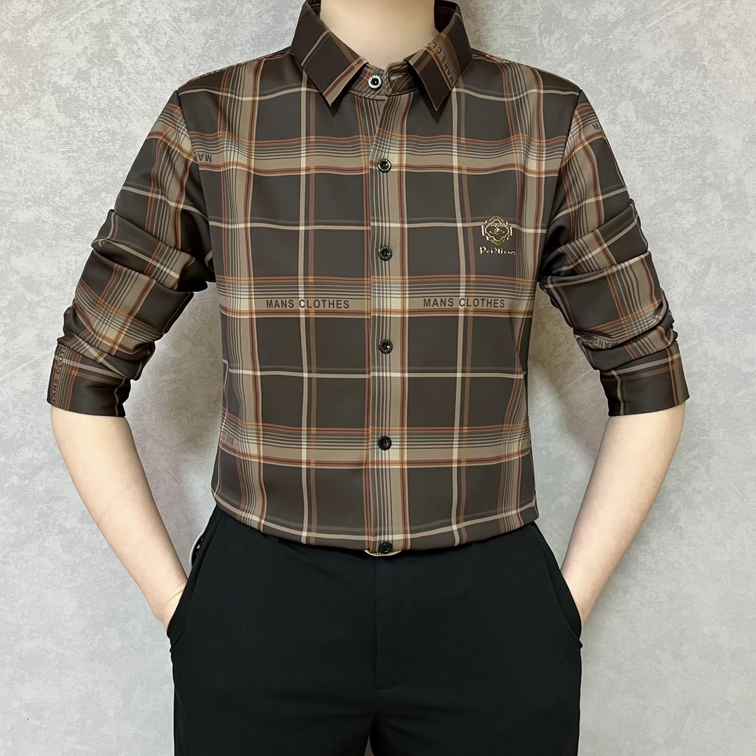 KALVLI男装2024冬季时尚欧货加绒加厚气质显瘦男士格子衬衫KK6390