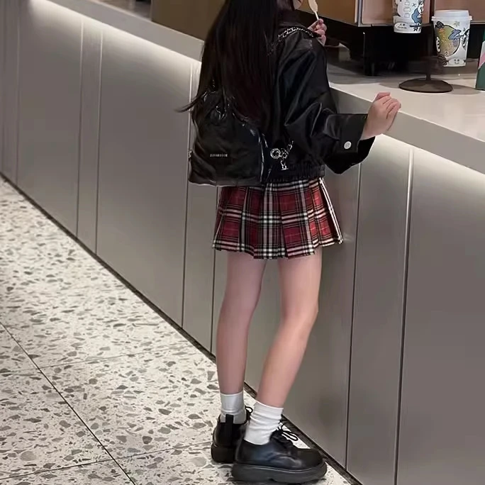 女童高腰半身裙学院风JK百褶裙红色格子2025小女孩时尚中大童短裙