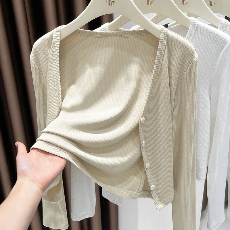 咖色V领针织上衣2025新款秋季宽松长袖短款开衫外套薄款外搭罩衫