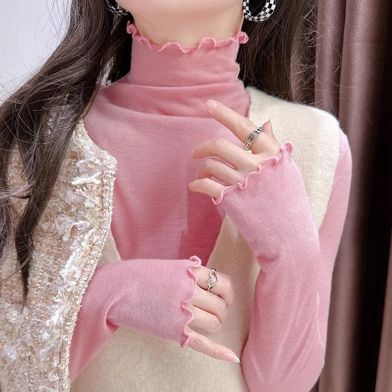 粉色高领超薄微透打底衫秋季新款木耳边修身内搭上衣薄款T恤内搭