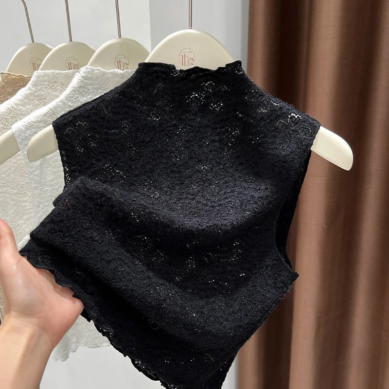 半高领蝴蝶结磨毛蕾丝打底衫秋季新款无袖修身短款上衣薄款背心女