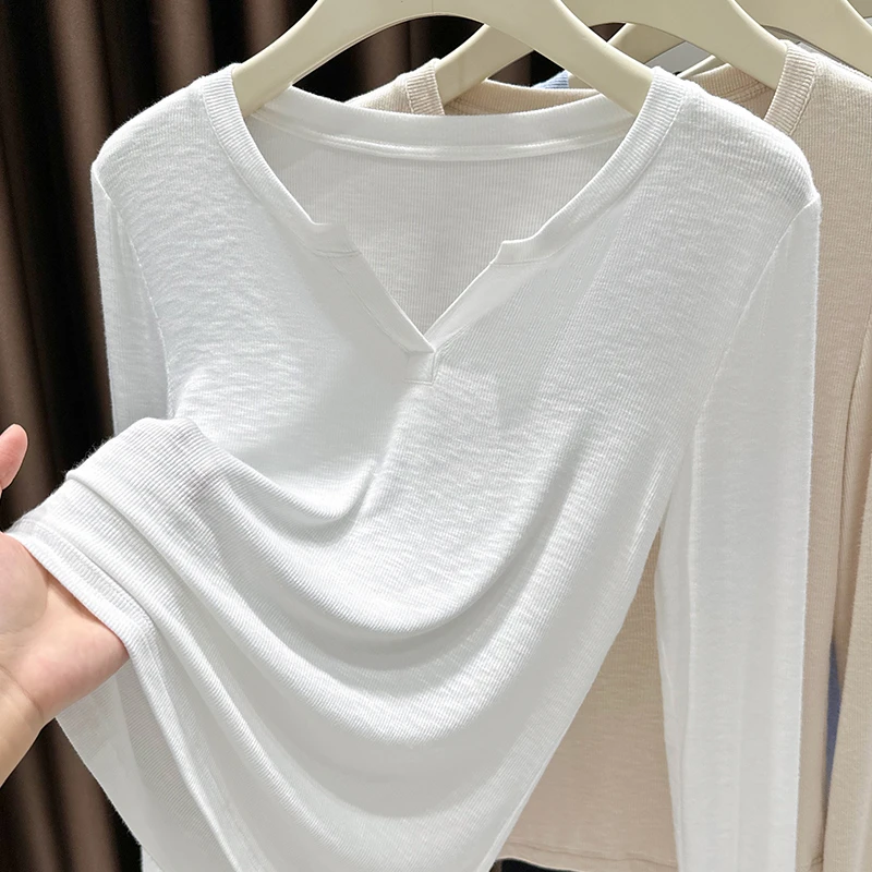白色V领针织小衫上衣秋季新款竹节棉长袖T恤薄款修身打底衫内搭