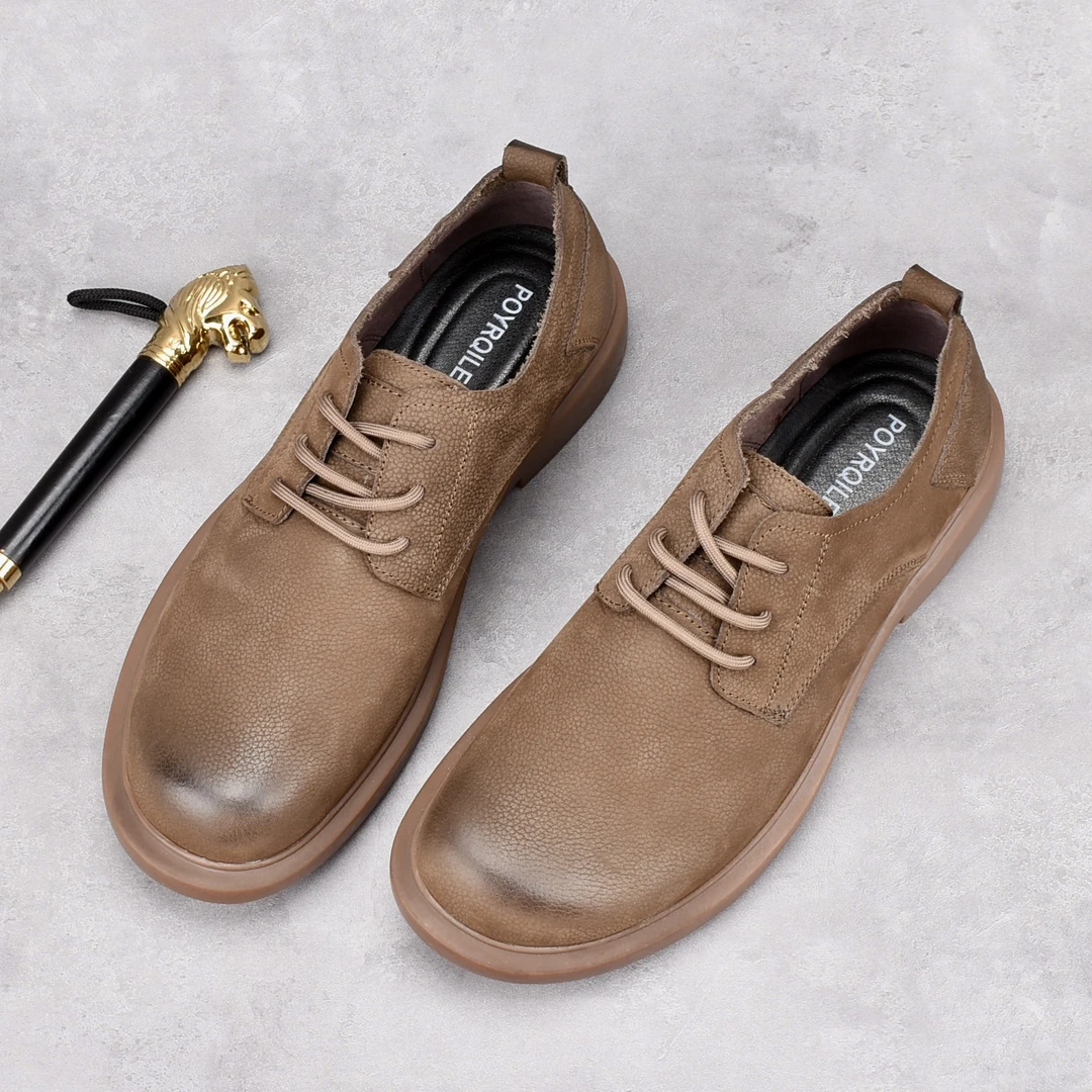 外贸男鞋复古休闲皮鞋男真皮软底系带厚底单层牛皮透气工装鞋男款