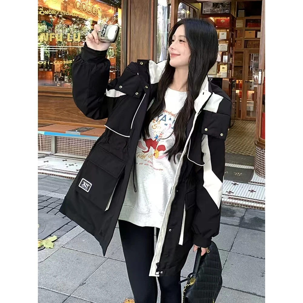 撞色女2024冬新款时尚设计感美式休闲抽绳收腰外套N083