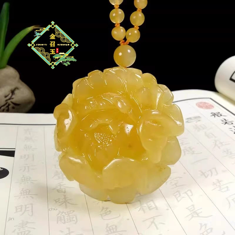 金召玉新疆和田金丝玉牡丹花毛衣链天然鸡油黄花女款闺蜜项链证书