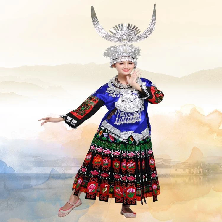 贵州芦笙妹苗装雷山苗族服装三件套(上衣+长底裙+片片裙)套装