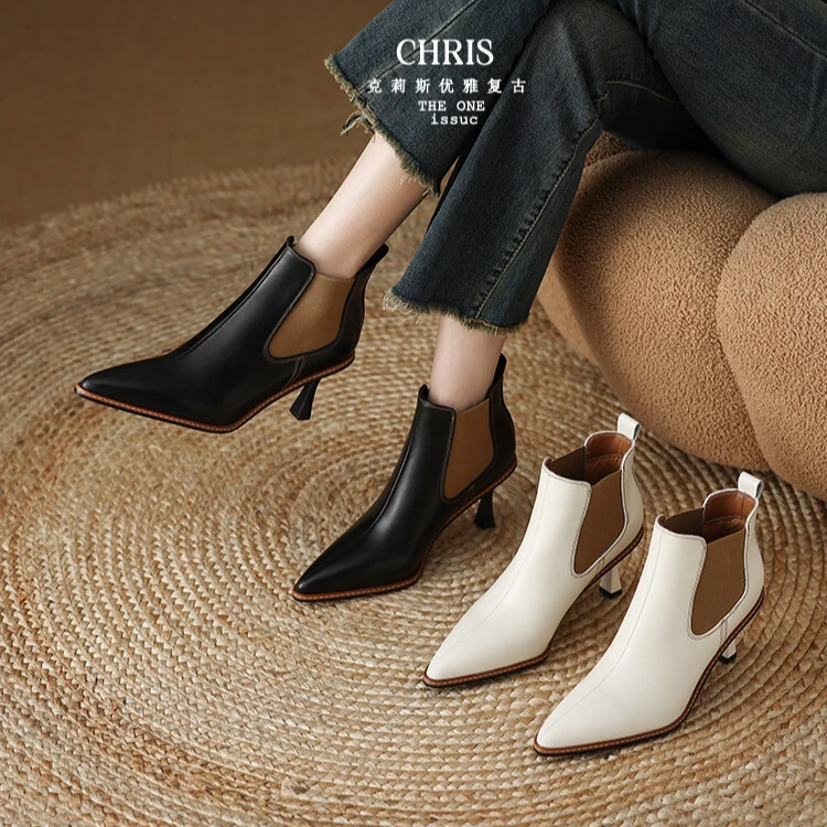 时装靴2024年秋季通勤细跟拼色时装靴时装靴短筒