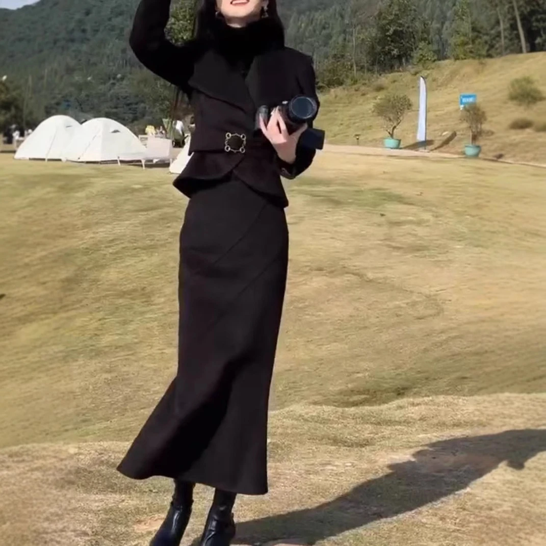 新款高级感时尚气质大翻领长袖短款上衣洋气修身半身裙两件套3090