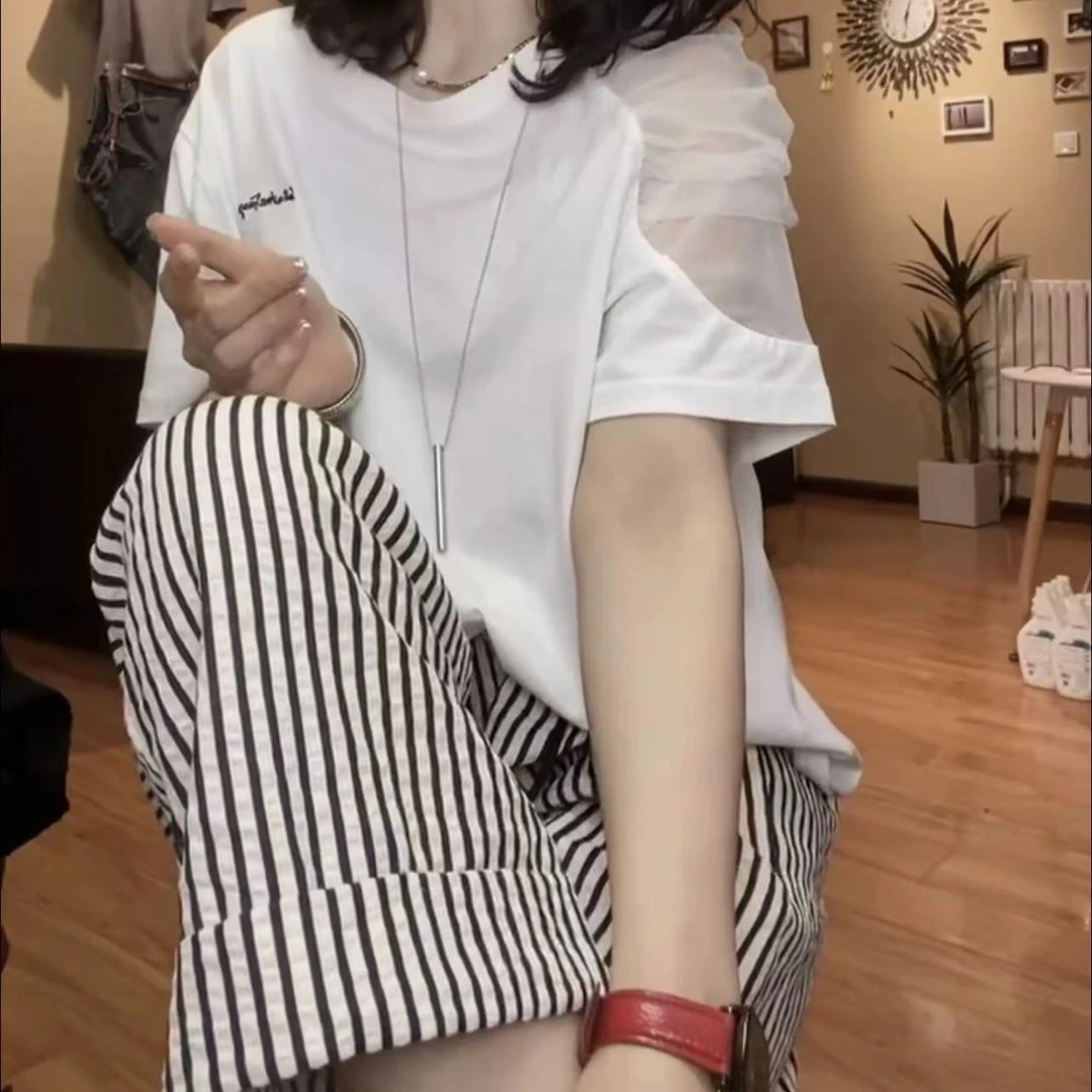 新款百搭洋气简约显瘦时尚圆领短袖上衣休闲条纹直筒裤子女装T261