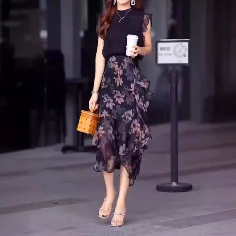 新款时尚气质无袖上衣雪纺碎花半身裙洋气女装2060