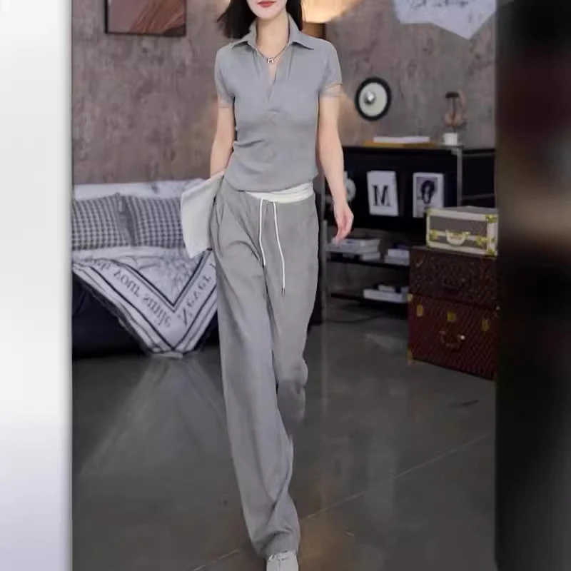 新款洋气翻领短袖休闲上衣高腰直筒裤时尚减龄女装套装T2256
