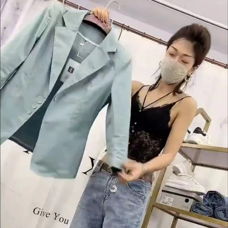 新款潮流时尚洋气百搭气质显瘦休闲西服外套直筒牛仔裤女装