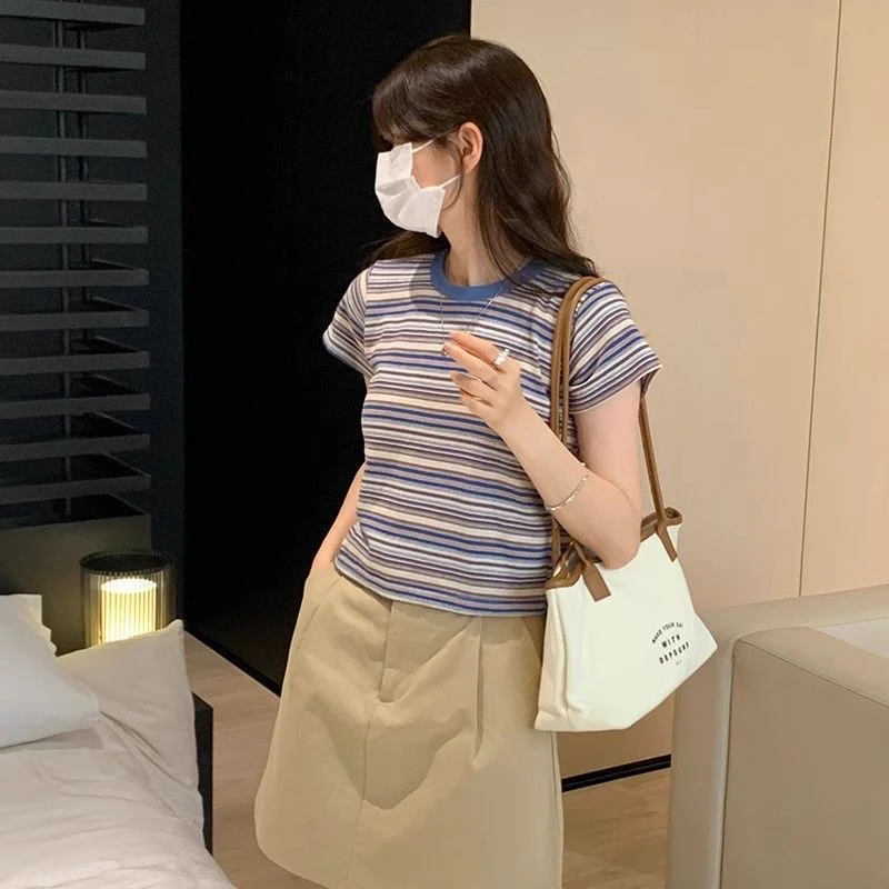 【条纹T】条纹正肩短袖t恤女夏夏季设计感小众小个子