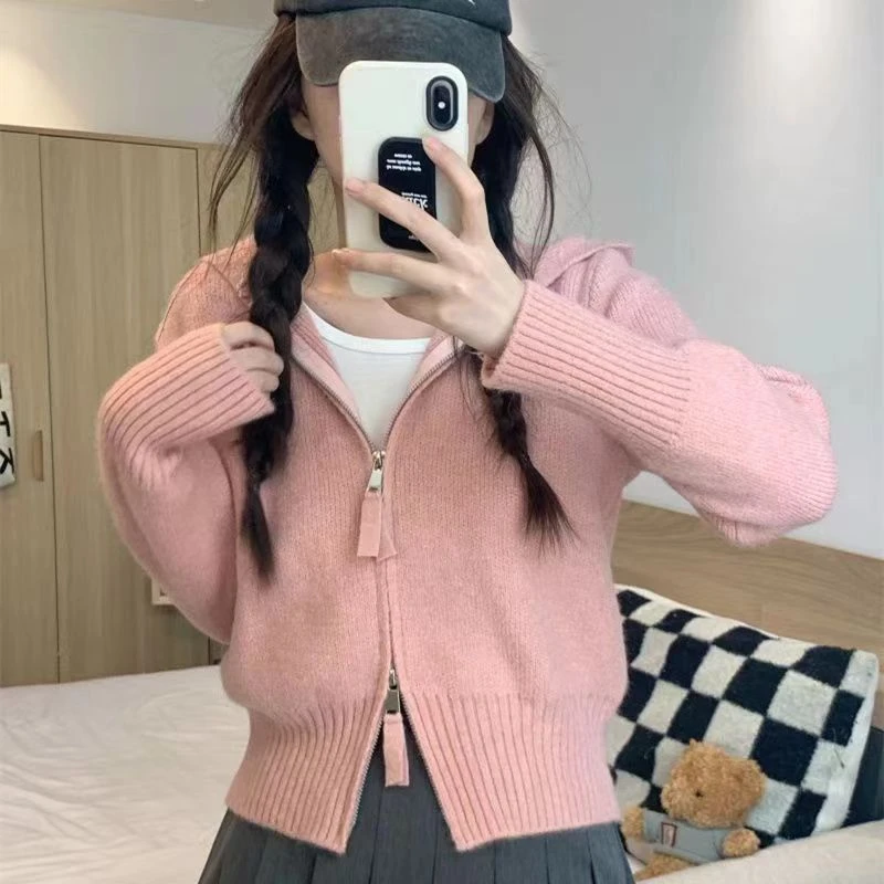 设计感双拉链连帽针织宽松小众开衫 慵懒风休闲毛衣外套9001#