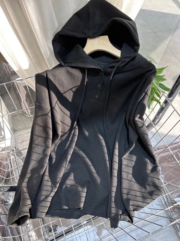 软糯帽衫华芙格休闲时尚百搭夏季女装上衣宽松黑色长袖连帽带帽