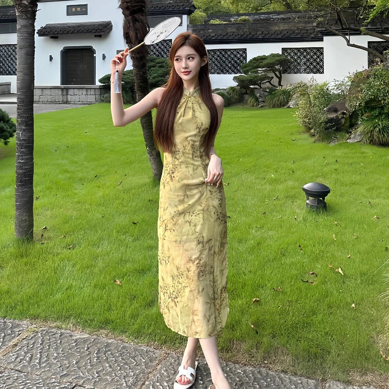 新中式中国风改良削肩修身日常连衣裙新中式绿色清冷设计感旗袍裙