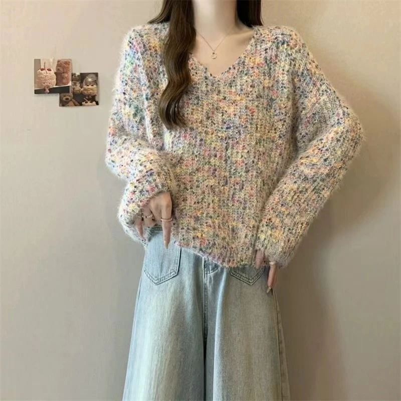 温柔风彩点慵懒毛衣女秋冬2024新款高级感外搭宽松软糯针织衫上衣