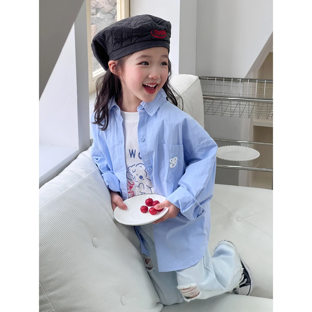 OAOH【蓝衬衫】现货2024女中大童春新款休闲翻领蓝色衬衫纯棉C1C302