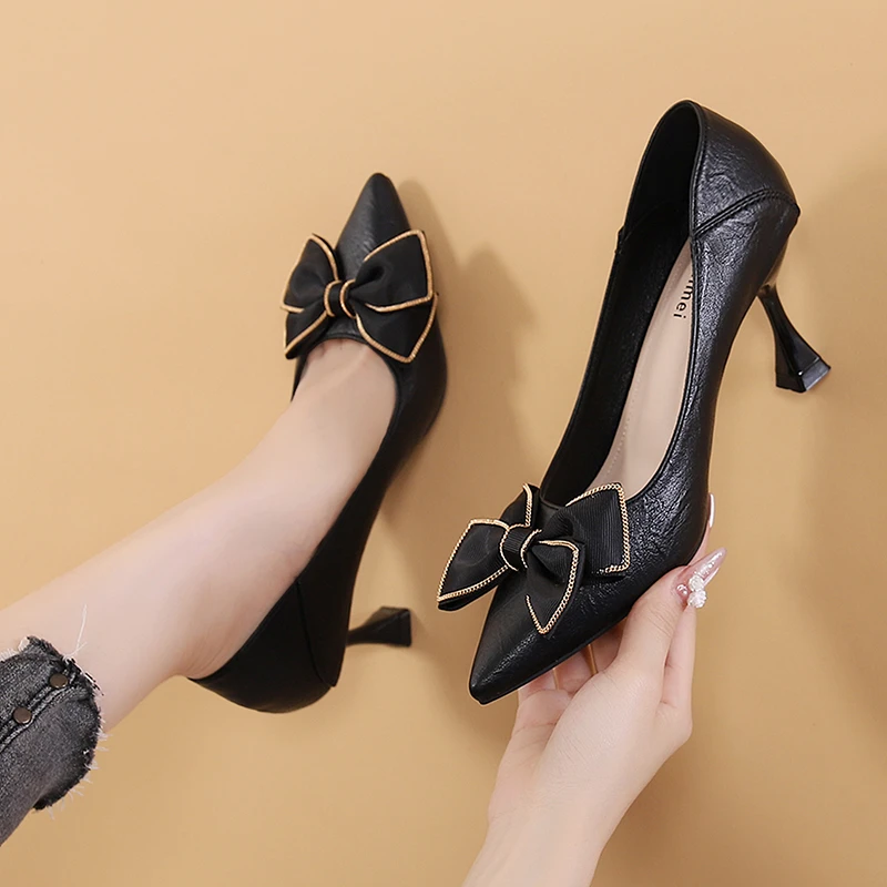 真皮气质蝴蝶结单鞋秋季黑色尖头浅口2024网红女款高跟鞋细跟女鞋