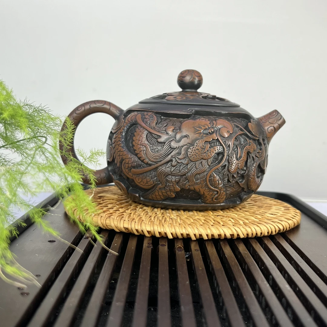 蒋思军老师-建水紫陶-纯手工雕刻满雕龙凤西施壶（容量340左右）