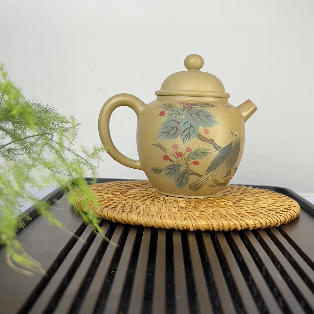 空也-建水紫陶-纯天然泥料电柴烧花鸟刻绘壶（容量200cc)