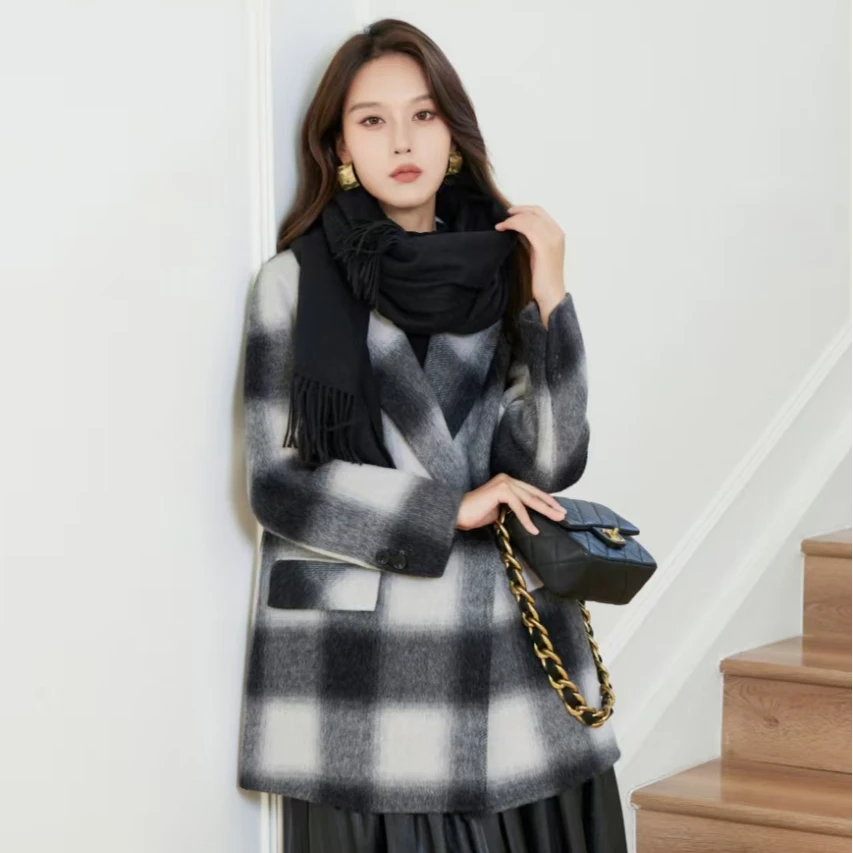 宏丰389【宠粉福利】黑白格子双面绵羊毛大衣