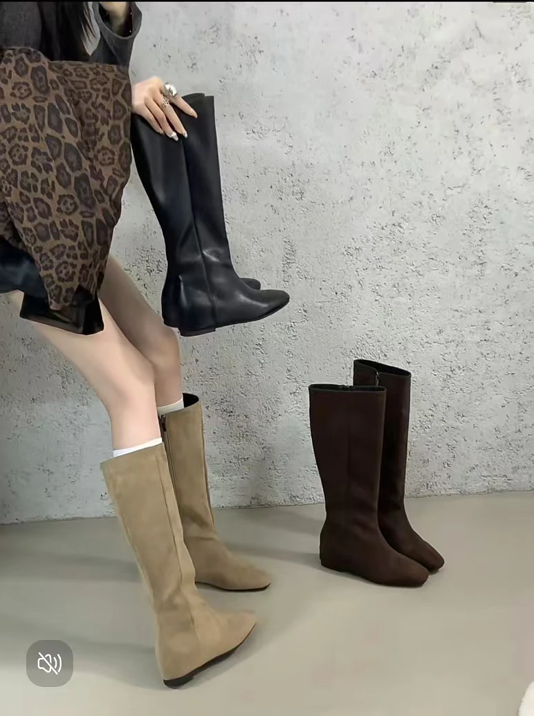 内增高尖头棕色美拉德中筒骑士靴女鞋2024新款春秋冬季长筒长靴子